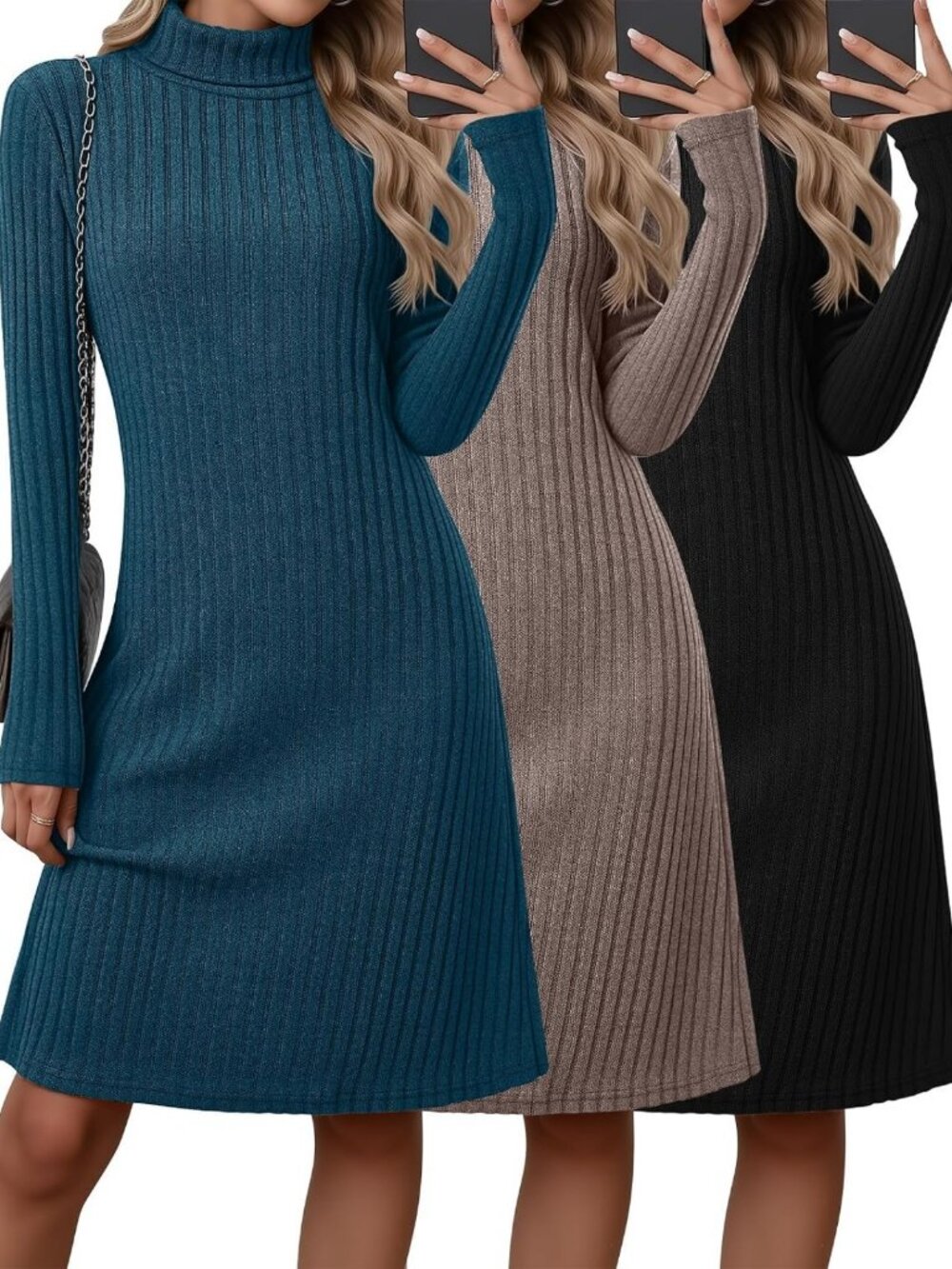 Cozy 3-Pack Women's Long Sleeve Turtleneck Sweater Dress - Versatile & Stylish
